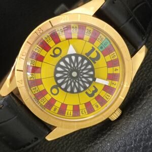 Vintage 1980 Roulette Manual Mens Gold Watch W/Leather Strap & Red accents